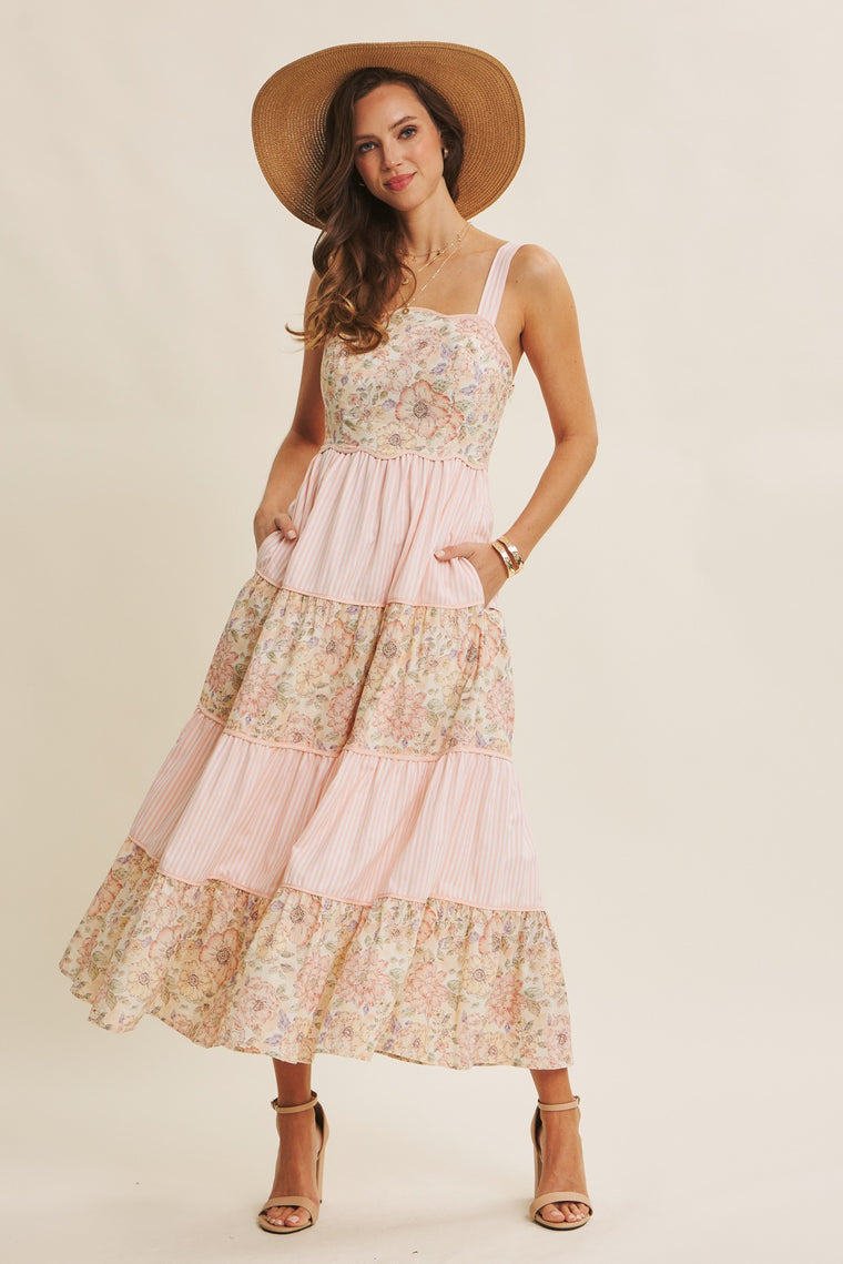 Dreamy Ideal Florals And Stripes Tiered Midi Dress