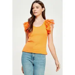 Ruffled Tulle Sleeve Knit Top