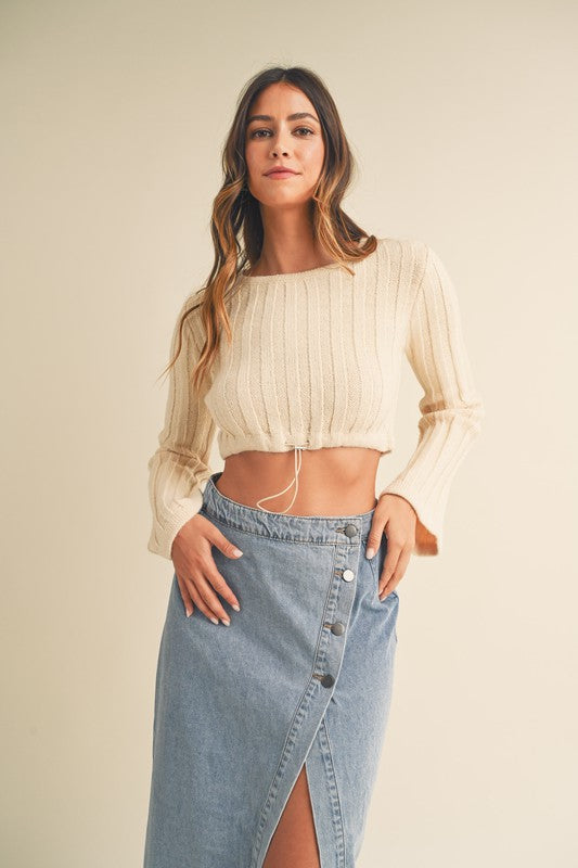BELL SLEEVE DRAWSTRING KNIT SWEATER CROP TOP