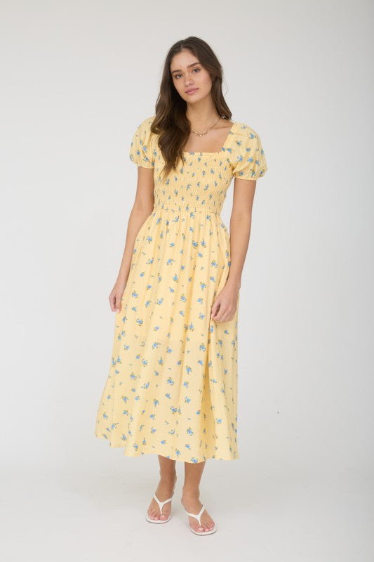 Smocked Puff Sleeve Floral Midi Dress