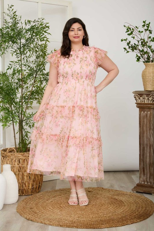 Plus Floral Tulle Pattern Smocked Midi Dress