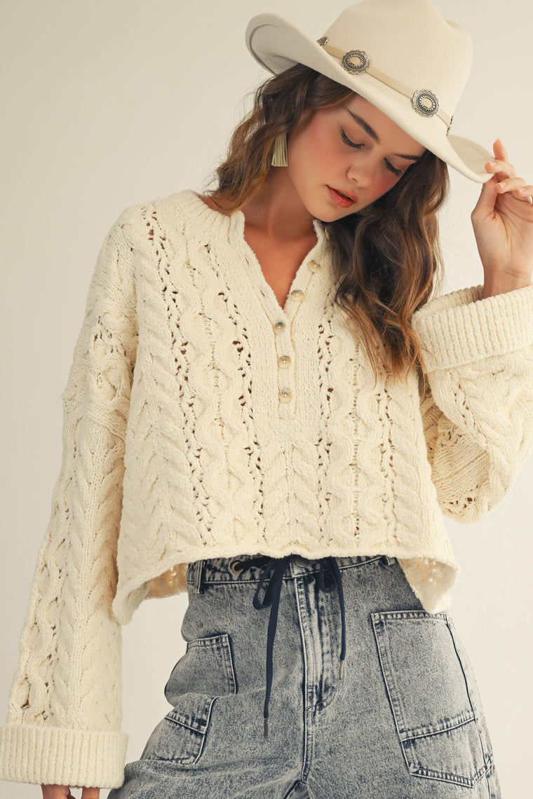Soft Twisted Ribbed Half Buttons Down Sweater