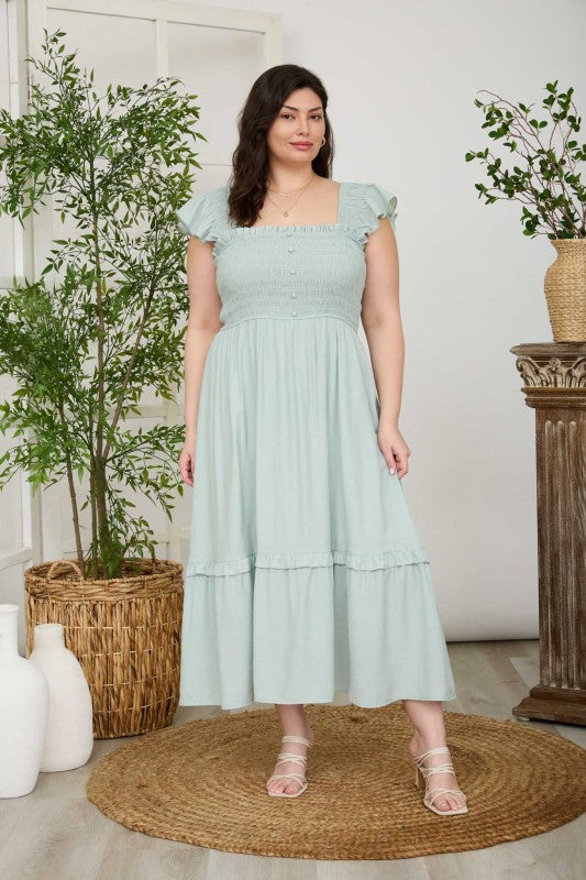 Plus Mock Button Smocked Ruffle Detail Midi Dress