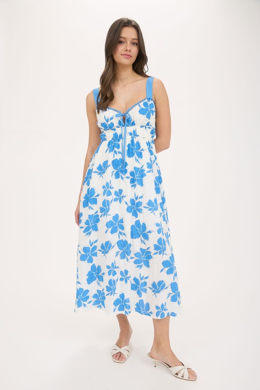 Floral Sweetheart Front Tie With Cutout Midi Dress