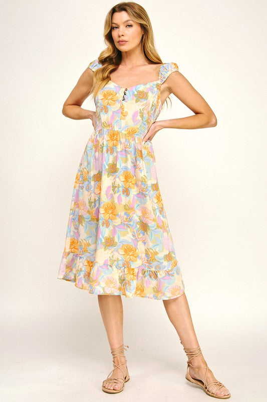 Airy Charm Printed Midi Dress With Elastic Sleeves