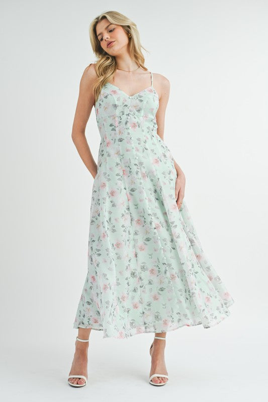 FLORAL PRINT BUTTON FRONT FLARE MIDI DRESS