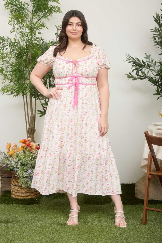 Plus Floral Tile Print Contrast Tie Midi Dress