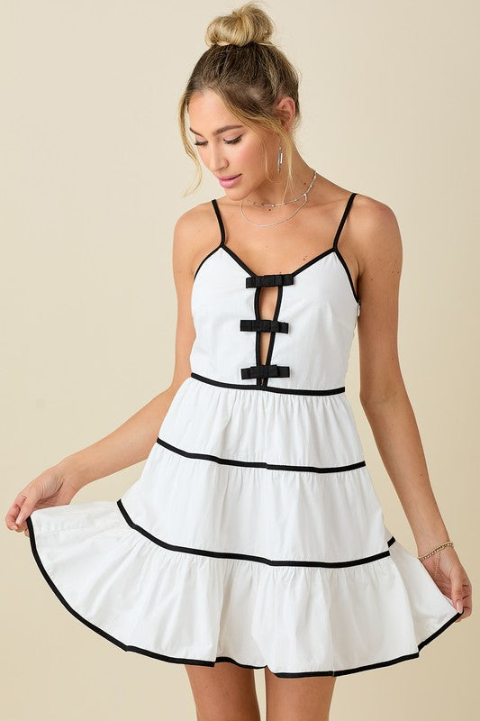 Cami mini dress w/ contrast ribbon & piping detail