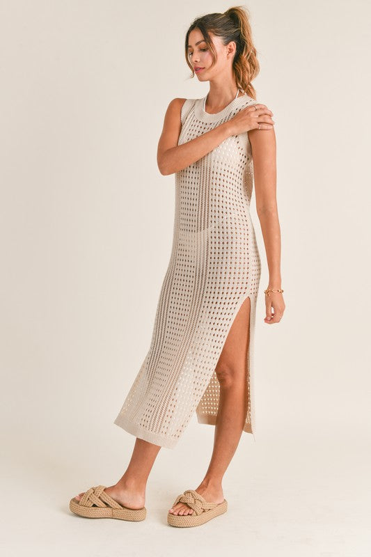 SLEEVELESS CROCHET KNIT COVER UP MIDI DRESS