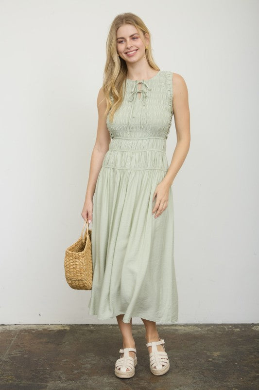 Front Tie Smocked Sleeveless Shirred Midi Dress