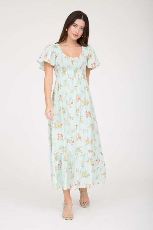Floral Bell Sleeve Smocked Bust Midi Dress
