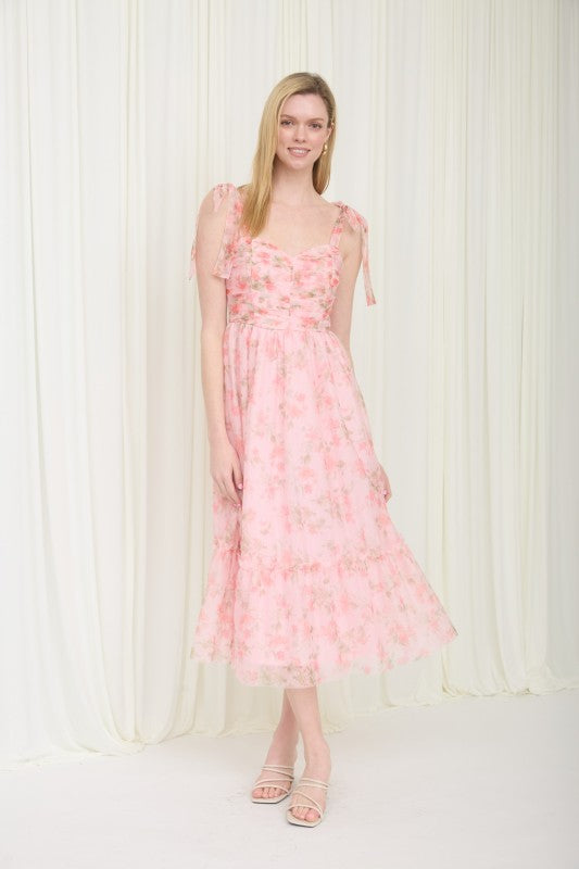 Floral Shirred Bodice Sleeveless Midi Dress