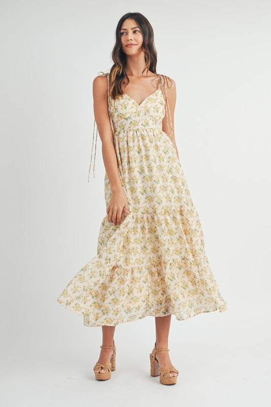 FLORAL PRINT SPAGHETTI STRAP TIERED MIDI DRESS