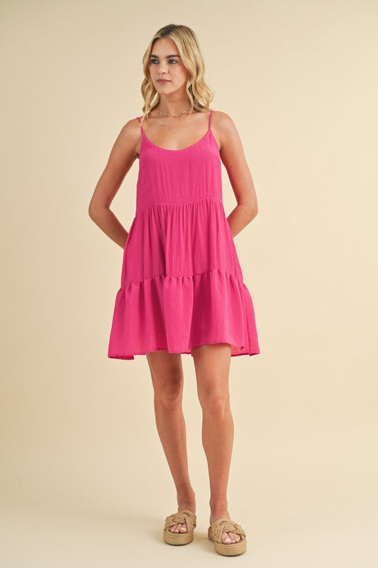 TIERED MINI DRESS WITH SELF BACK TIE DETAIL