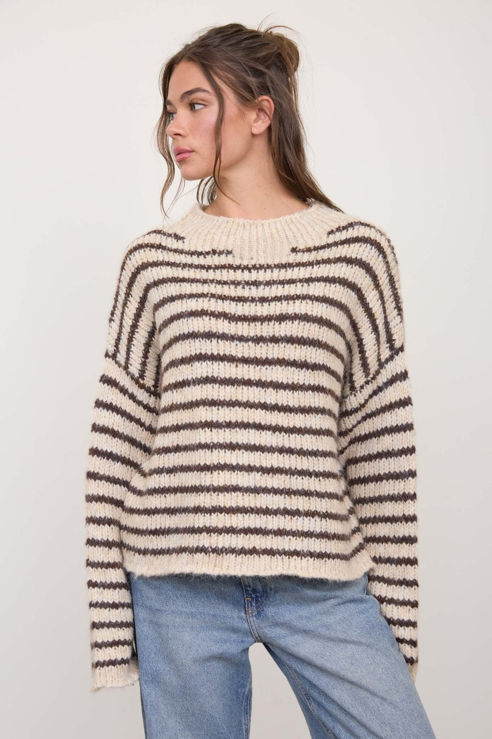 Stripe Rolled Edge Detail Long Sleeve Knit Sweater