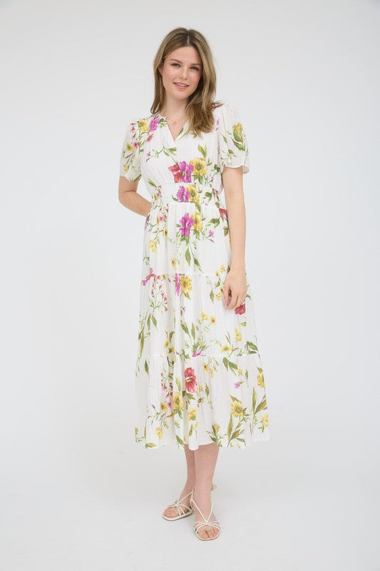 Multicolor Floral Short Sleeve Tiered Midi Dress