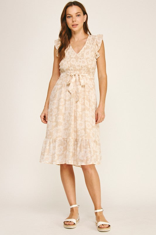 Smocked Flutter Sleeve Floral Midi Dress