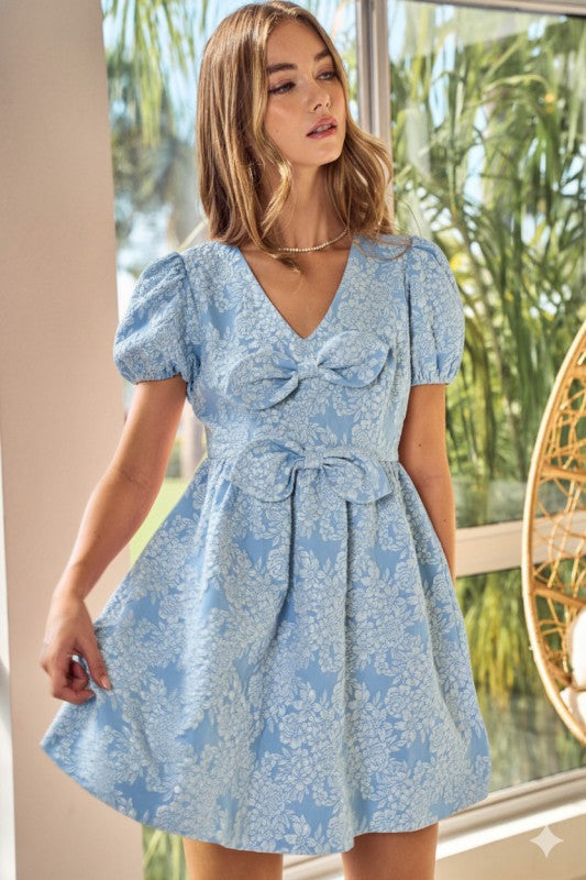 Jacquard Puff Sleeve Mini Dress Double Bow Detail