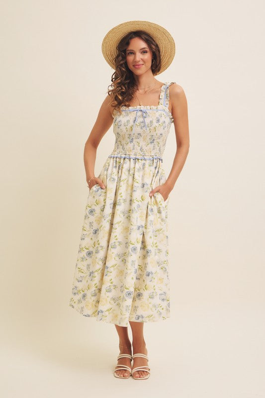 Lovely Floral Smocked Midi Dress With Bow
