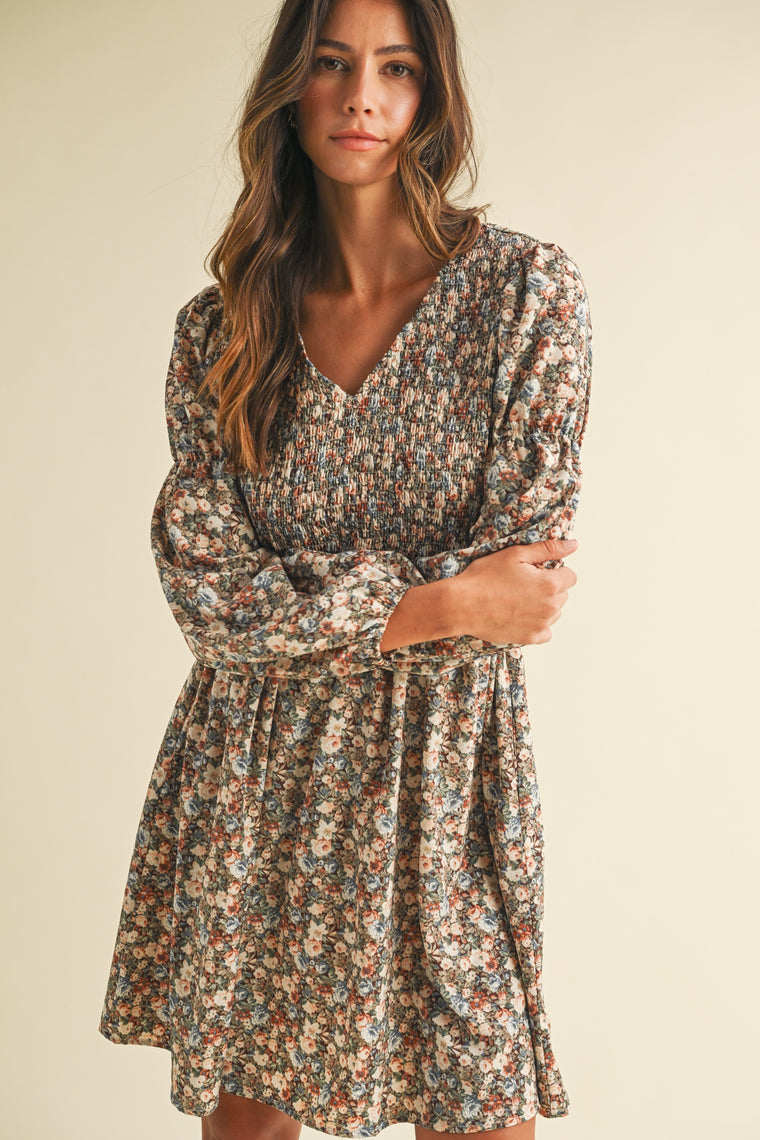 Vintage Flower Print Smocking Detail Mini Dress