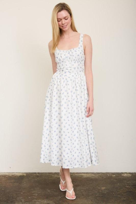 Floral Sleeveless Front Tie Corset Midi Dress