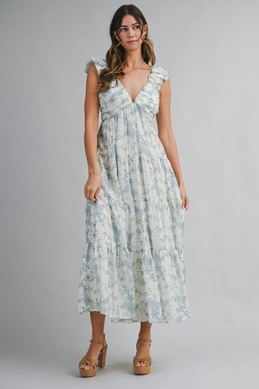 Floral Print Ruched Pleated Detail Midi Dress