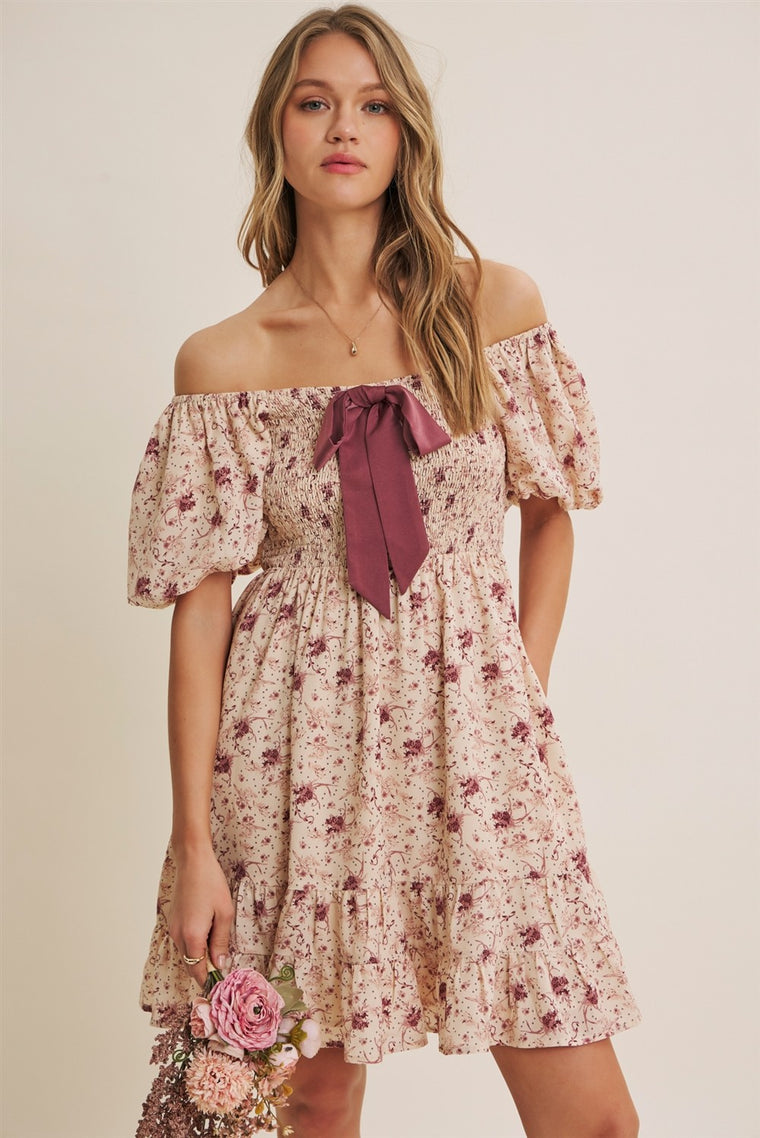 Autumn Garden Bow Smocked Mini Dress With Bubble Slvs