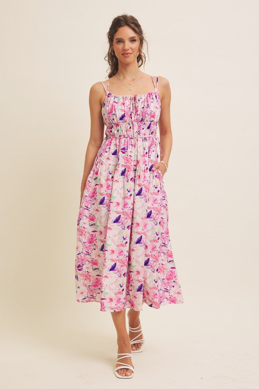 Vibrant Floral Print Ruching Cami Midi Dress