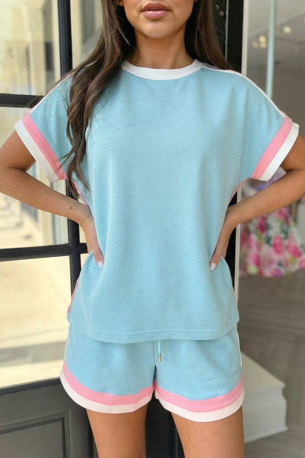 Striped Trim Casual Tee Drawstring Shorts 2pcs Set