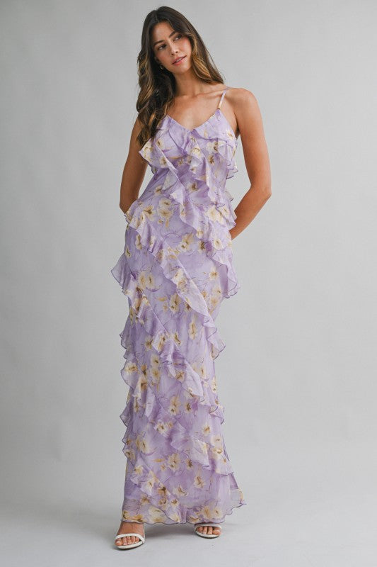 Floral Print Asymmetrical Tiered Ruffled Maxi Dress