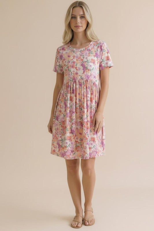 Round Neck Short Sleeve Babydoll Floral Dress