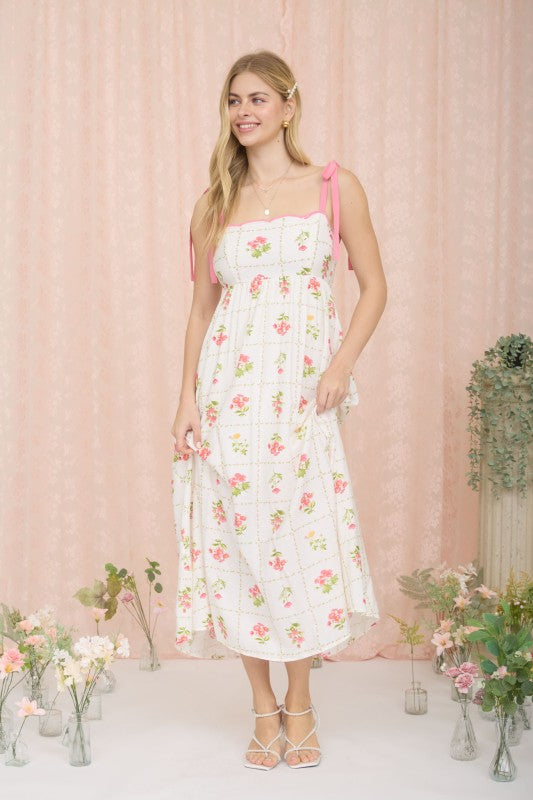 Floral Tile Pattern Scalloped Tie Strap Midi Dress