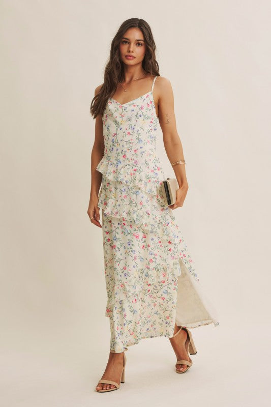 Floral Fantasy Asymmetrical Ruffled Maxi Dress