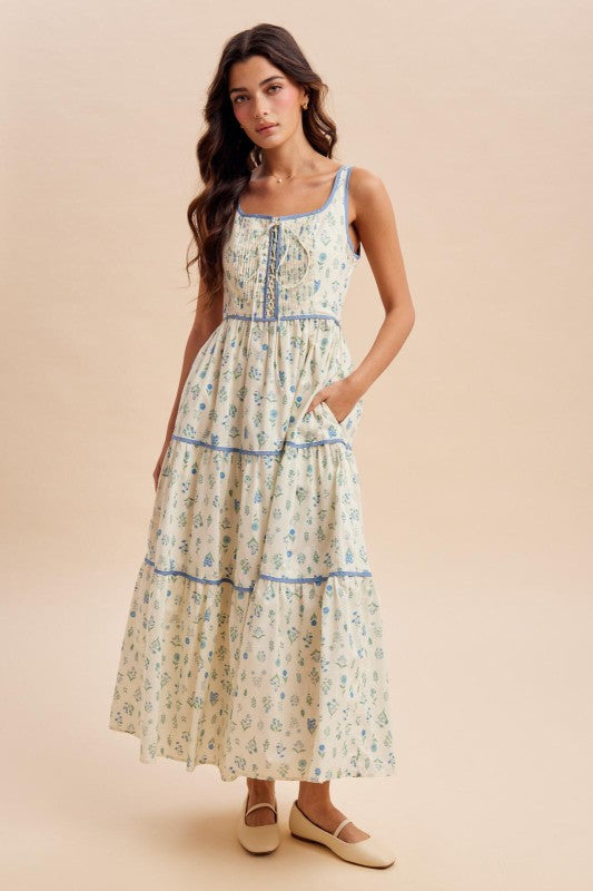 Cotton Floral Lace Up Maxi Dress