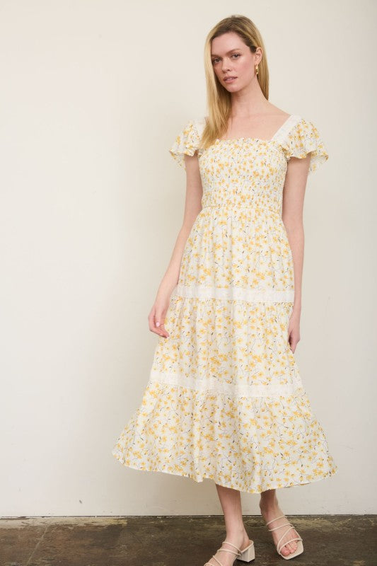 Floral Lace Trim Smocked Tiered Midi Dress