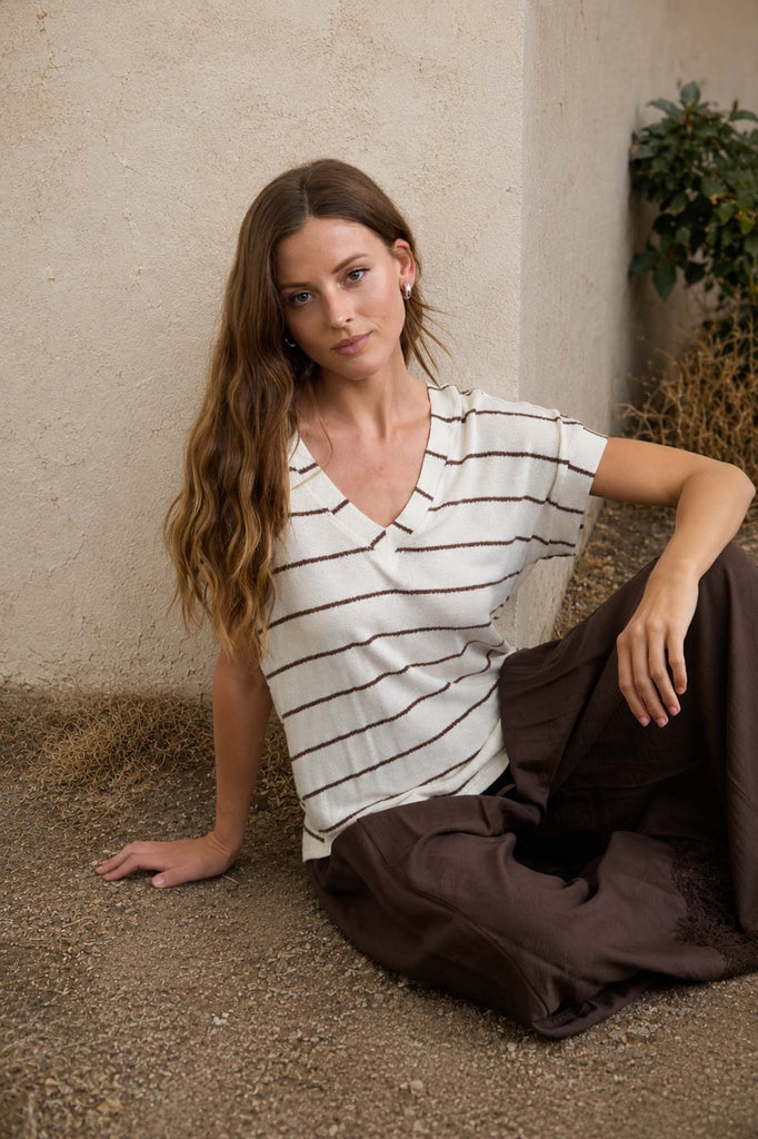 Stripe V Neck Cuffed Sleeve Knit Top