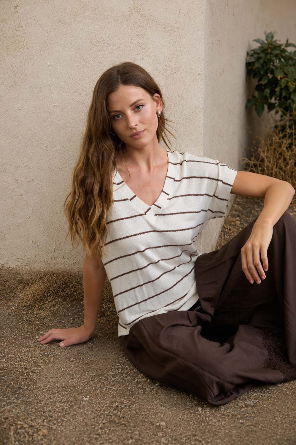 Stripe V Neck Cuffed Sleeve Knit Top