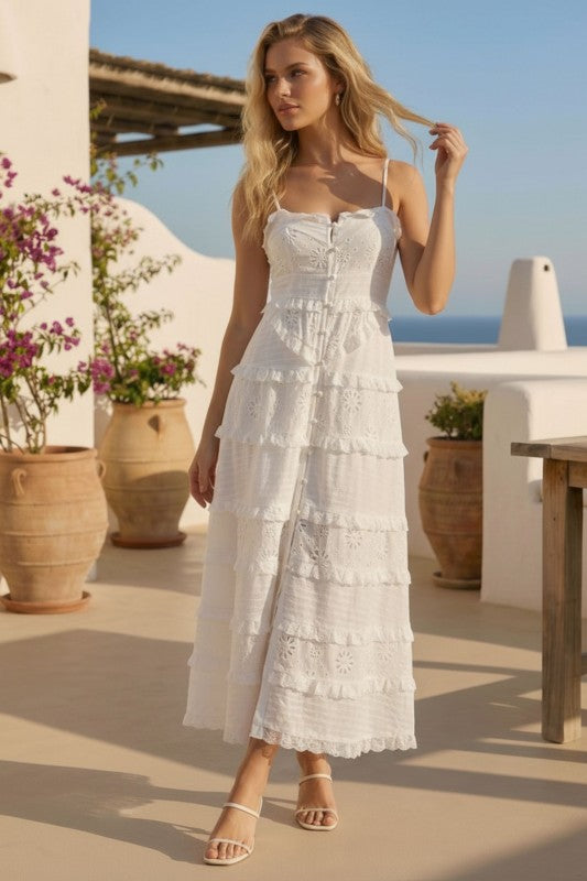 Tiered Eyelet Midi Dress With Lace Trim And Button Front