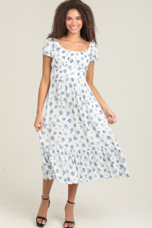 White And Blue Floral Short Sleeve Midi Dress