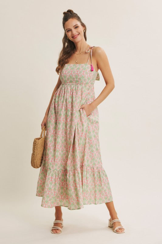 Garden Floral Open-back With Bow Cotton Midi Dress