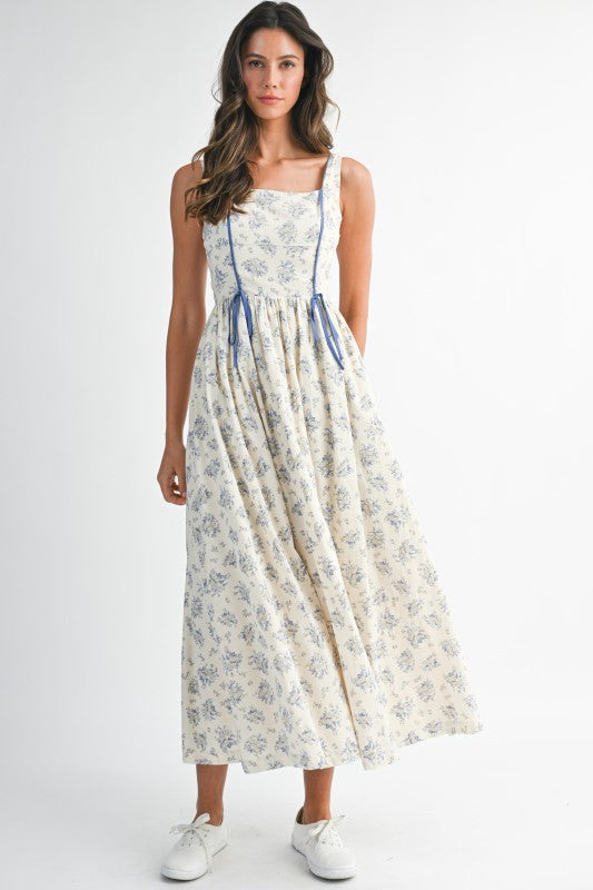 Floral Print Square Neck Contrast Pipinig Dress