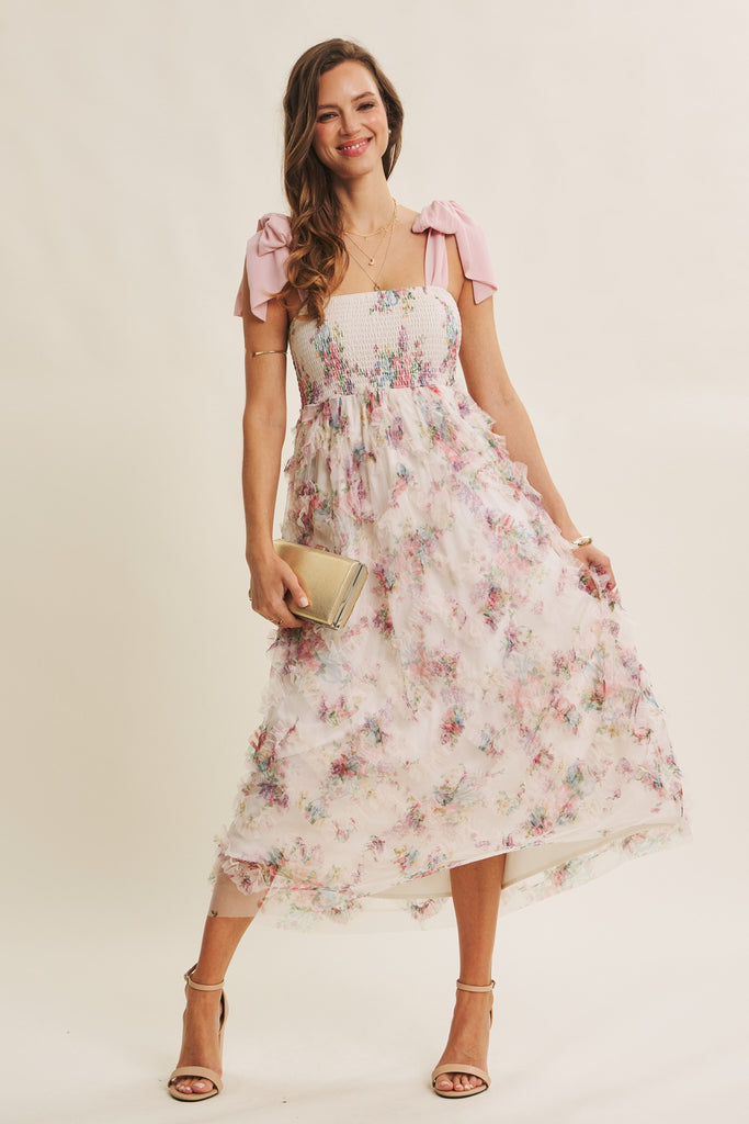 Textured Floral Smocked Midi Dress Tie Straps