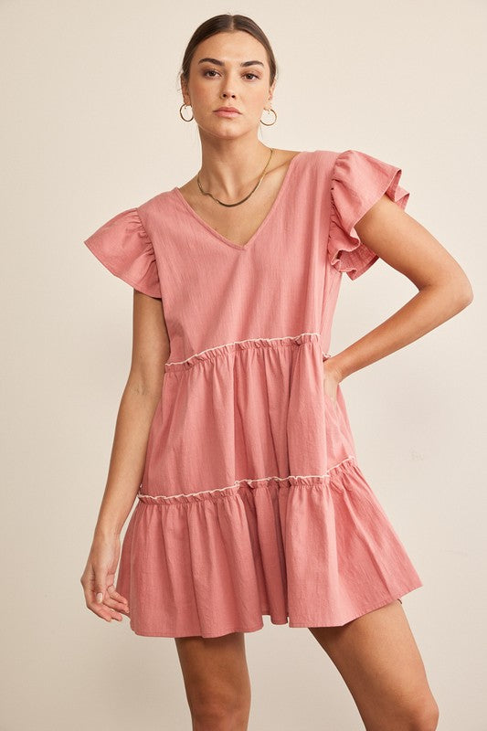 COLORED RIBBON TIERED BABYDOLL DRESS