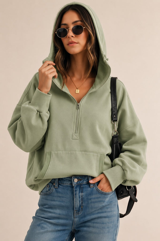 Washed Stitch Elastic Hem Half Zip Fleece Hoodie