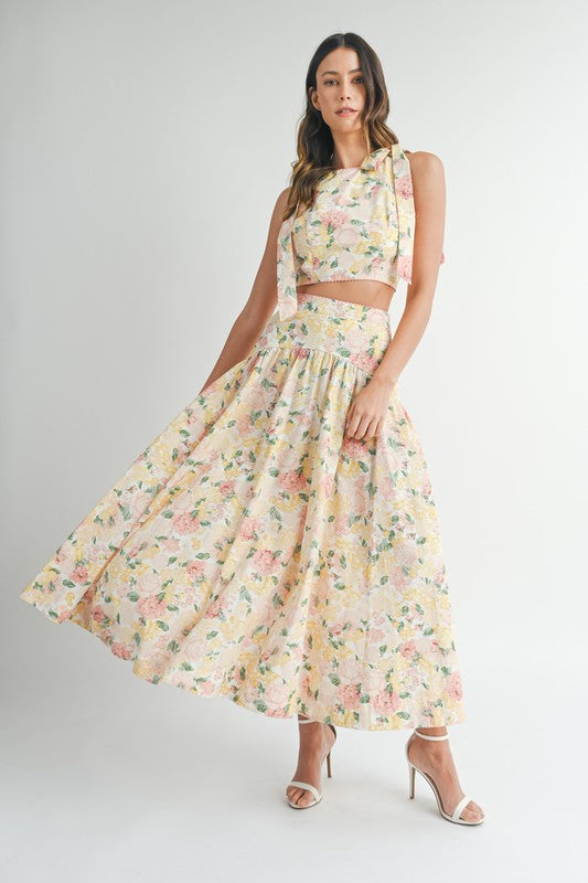 FLORAL SHOULDER RIBBON TOP AND MIDI SKIRT SET