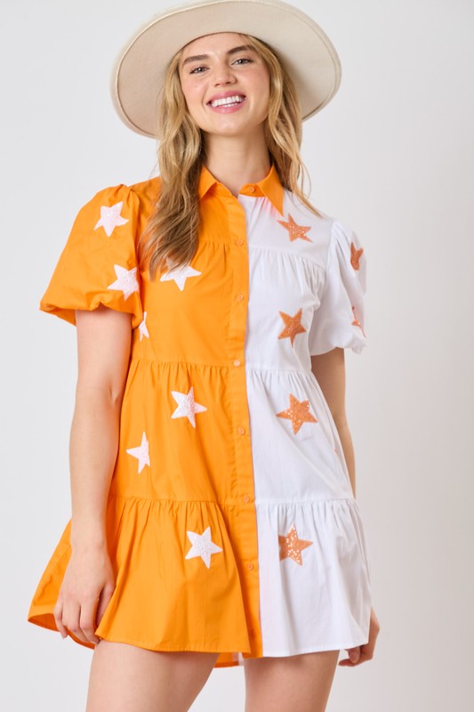 Star Sequins Embroidery Color Block Shirt Dress