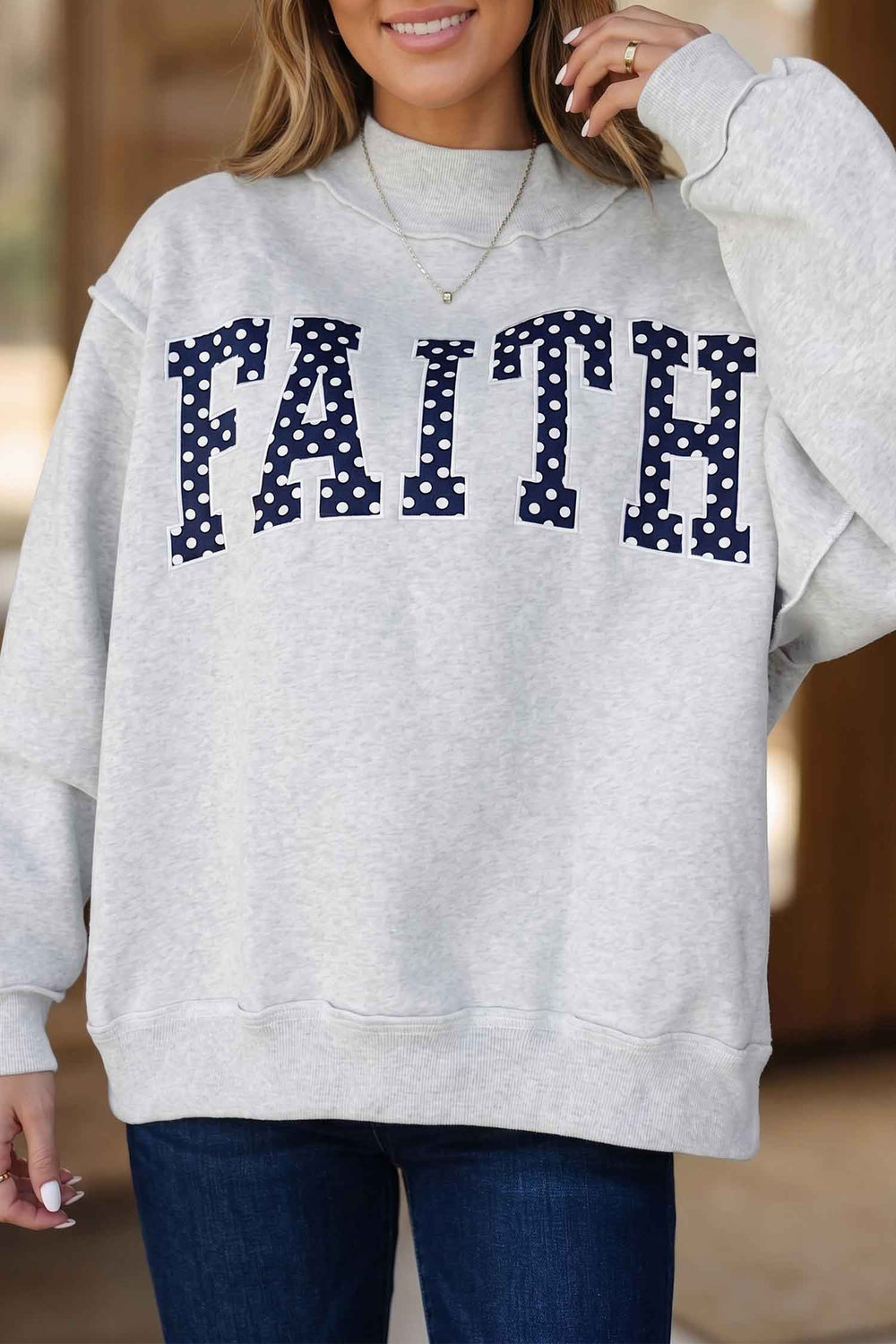 Mock Neck Polka Dot Slogan Printed Baggy Sweatshirt