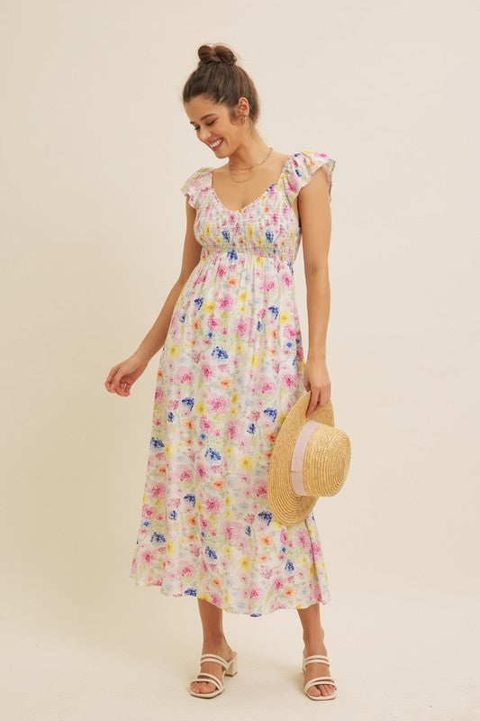 Pop Of Color Floral Smocked Maxi Dress With Bow