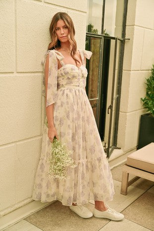Floral Bust Ruched Midi Dress With Shoulder Tie