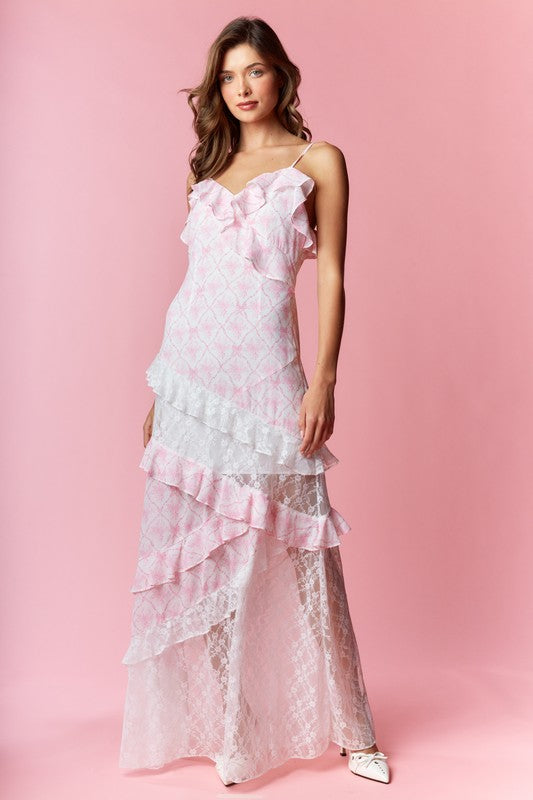 Coquette Printed Lace Mixed Ruffle Maxi Dress